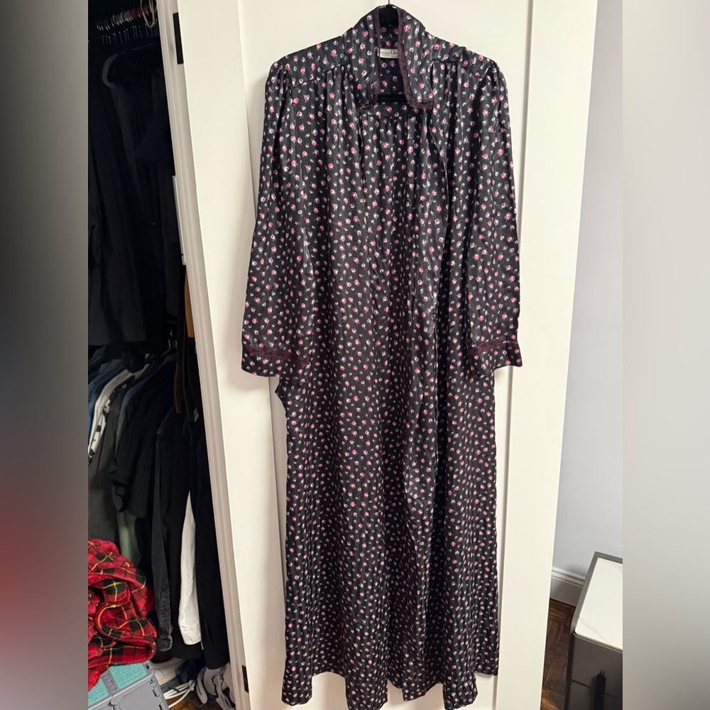 Vintage Christian Dior Black Satin Robe with Pink Floral Motif